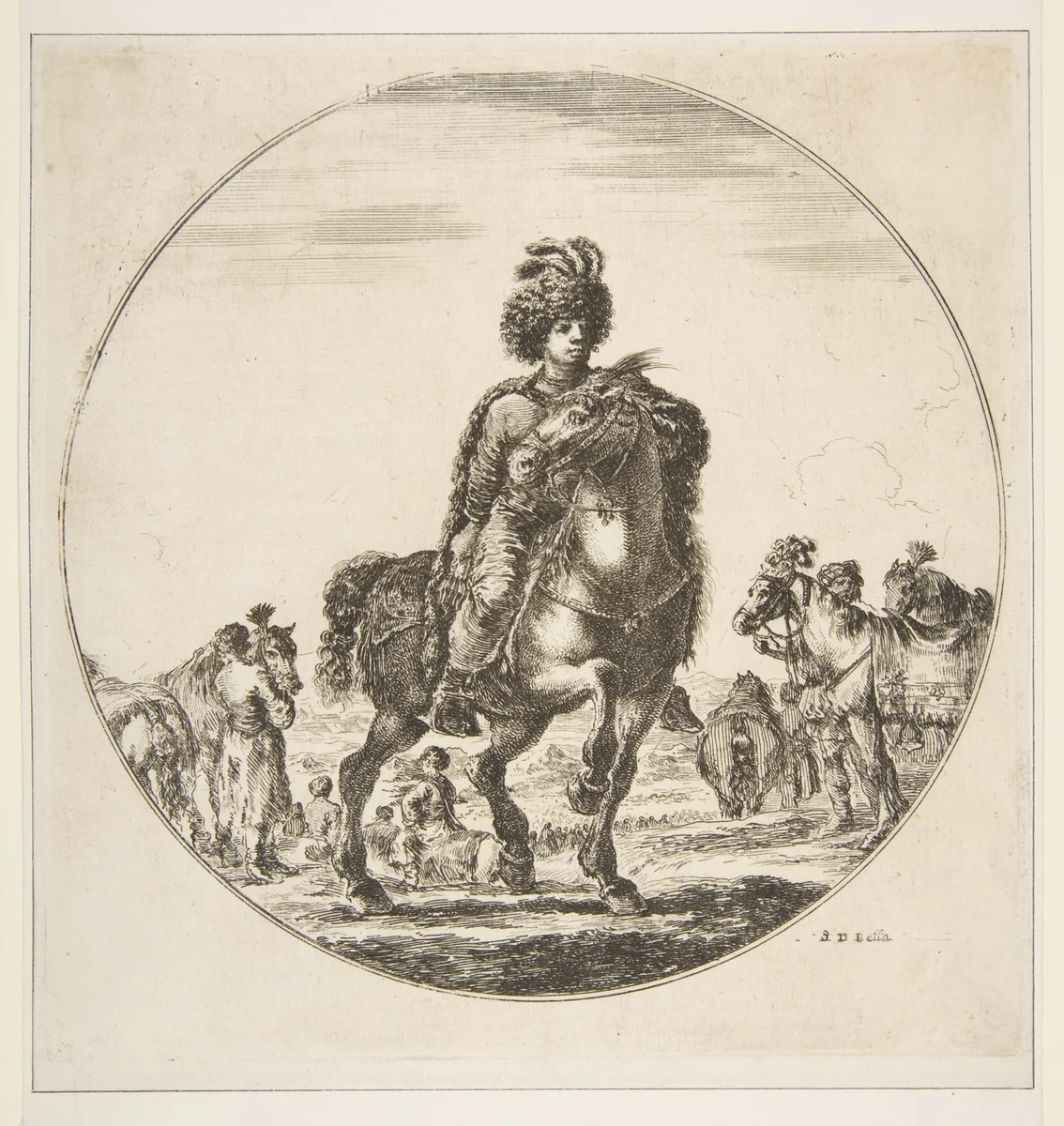 Polish horseman facing right, a circular composition, from 'Figures on Horseback' (Cavaliers nègres, polonais et hongrois) by Stefano della Bella, print, 1646-1656