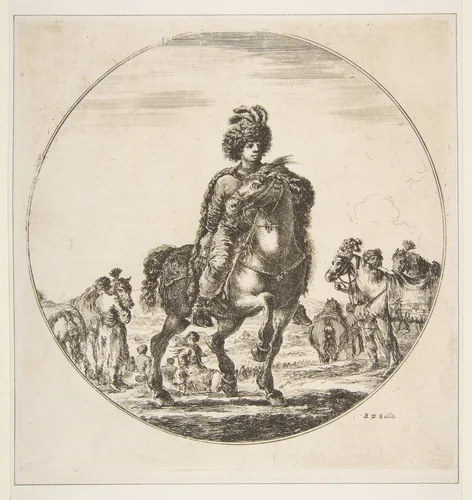 Polish horseman facing right, a circular composition, from 'Figures on Horseback' (Cavaliers nègres, polonais et hongrois) by Stefano della Bella, print, 1646-1656