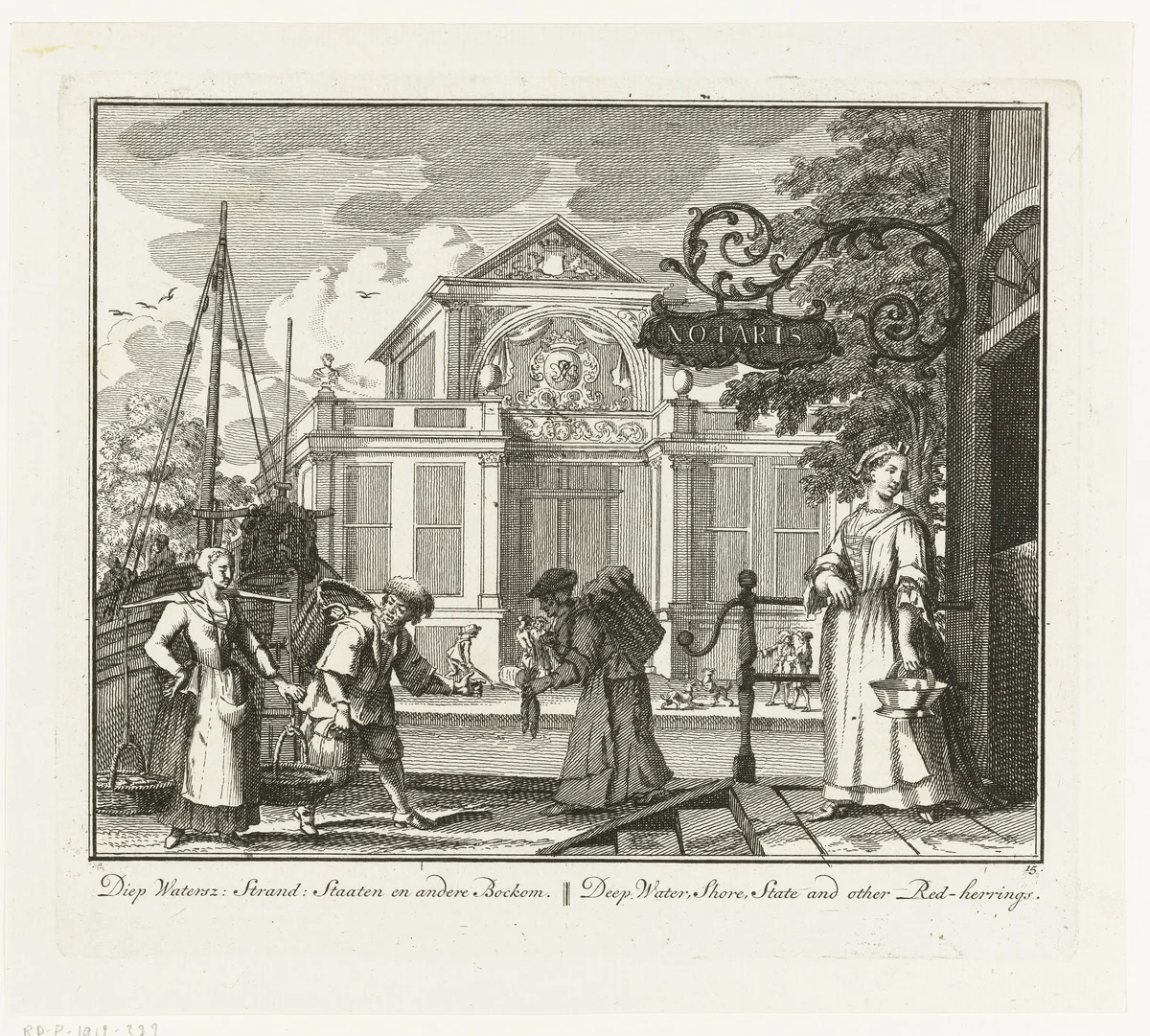 Visverkopers voor het huis van een notaris by Adolf van der Laan, print, 1728-1761