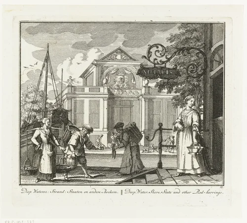 Visverkopers voor het huis van een notaris by Adolf van der Laan, print, 1728-1761