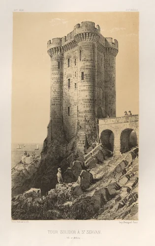 Architecture Pittoresque ou Monuments des xveme. Et xvieme. Siecles: Chateaux De France des XV et XVI Siecles: Pl.13, Tour Solidor a St. Servan (Ille-et-Vilaine) by Victor Petit, print, 1860