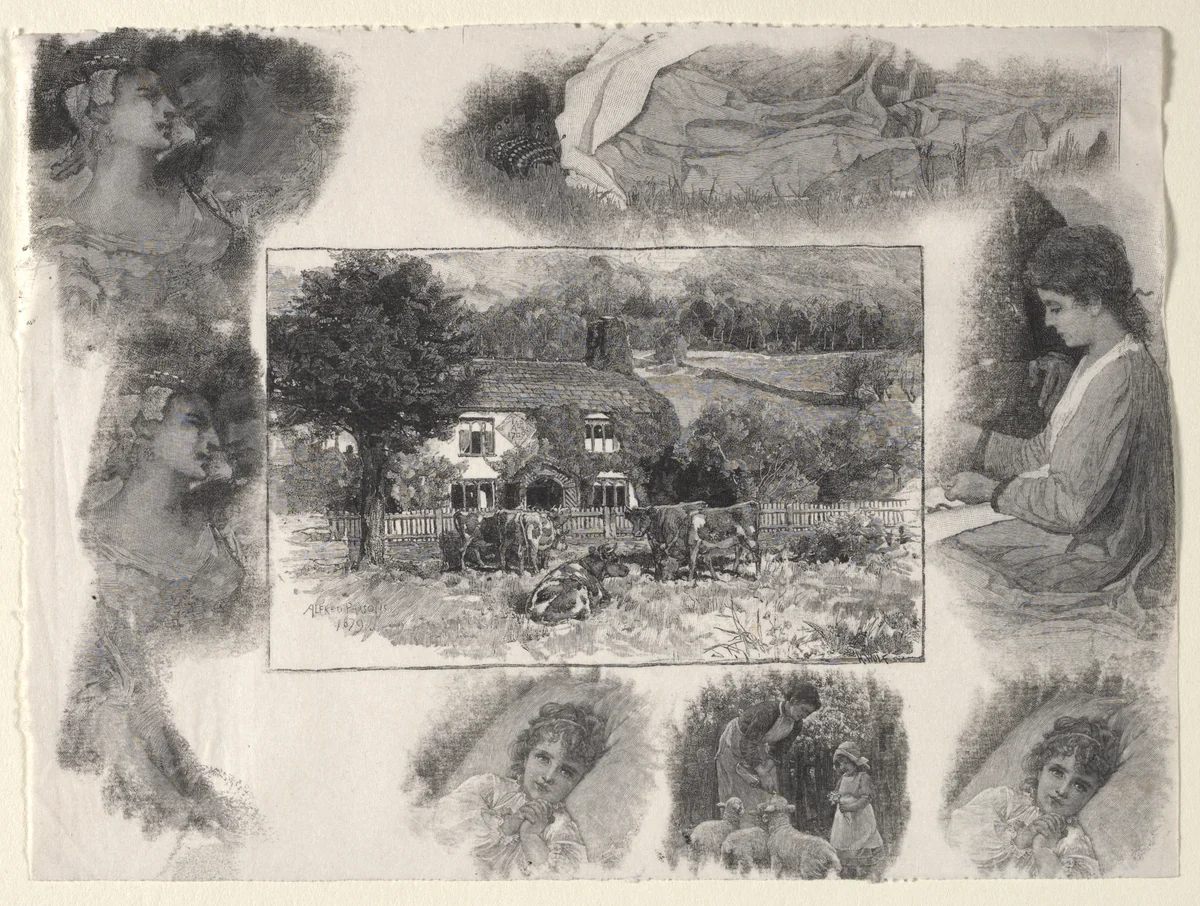 Landscape with Cottage and Cows Surrounded by Various Sketches by Henry Wolf, print, 1870-1916