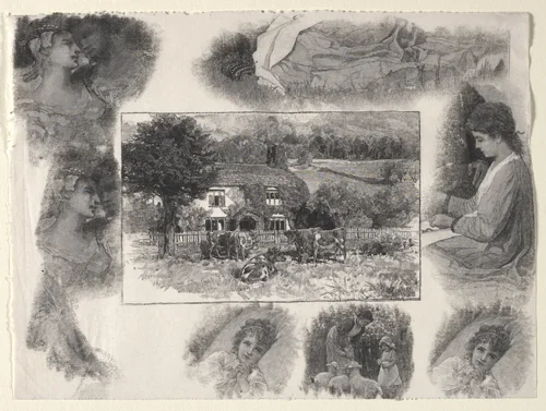 Landscape with Cottage and Cows Surrounded by Various Sketches by Henry Wolf, print, 1870-1916