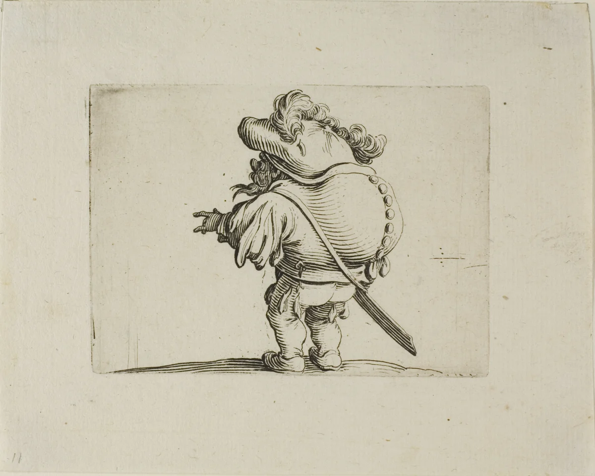 The Large Bellied Man Decorated with a Line of Buttons, from Varie Figure Gobbi by Jacques Callot, print, 1616