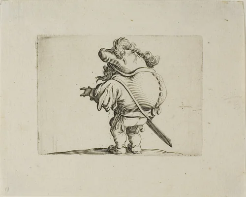 The Large Bellied Man Decorated with a Line of Buttons, from Varie Figure Gobbi by Jacques Callot, print, 1616