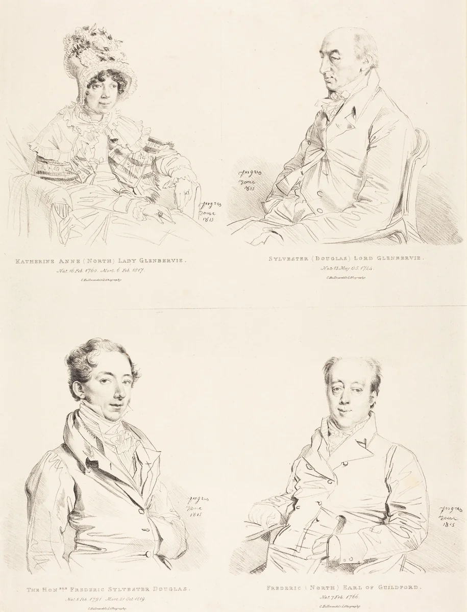 Sylvester (Douglas) Lord Glenbervie; Katherine Anne (North) Glenbervie; Frederic (North) Earl of Guilford; Frederic Sylvester Douglas by Jean-Auguste-Dominique Ingres, print, 1815