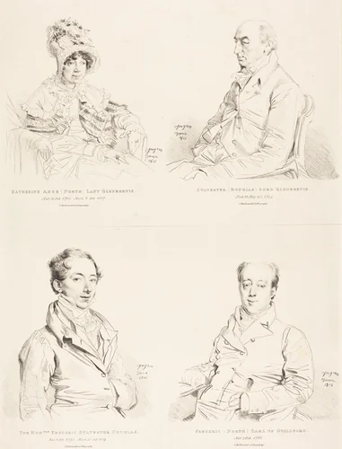 Sylvester (Douglas) Lord Glenbervie; Katherine Anne (North) Glenbervie; Frederic (North) Earl of Guilford; Frederic Sylvester Douglas by Jean-Auguste-Dominique Ingres, print, 1815