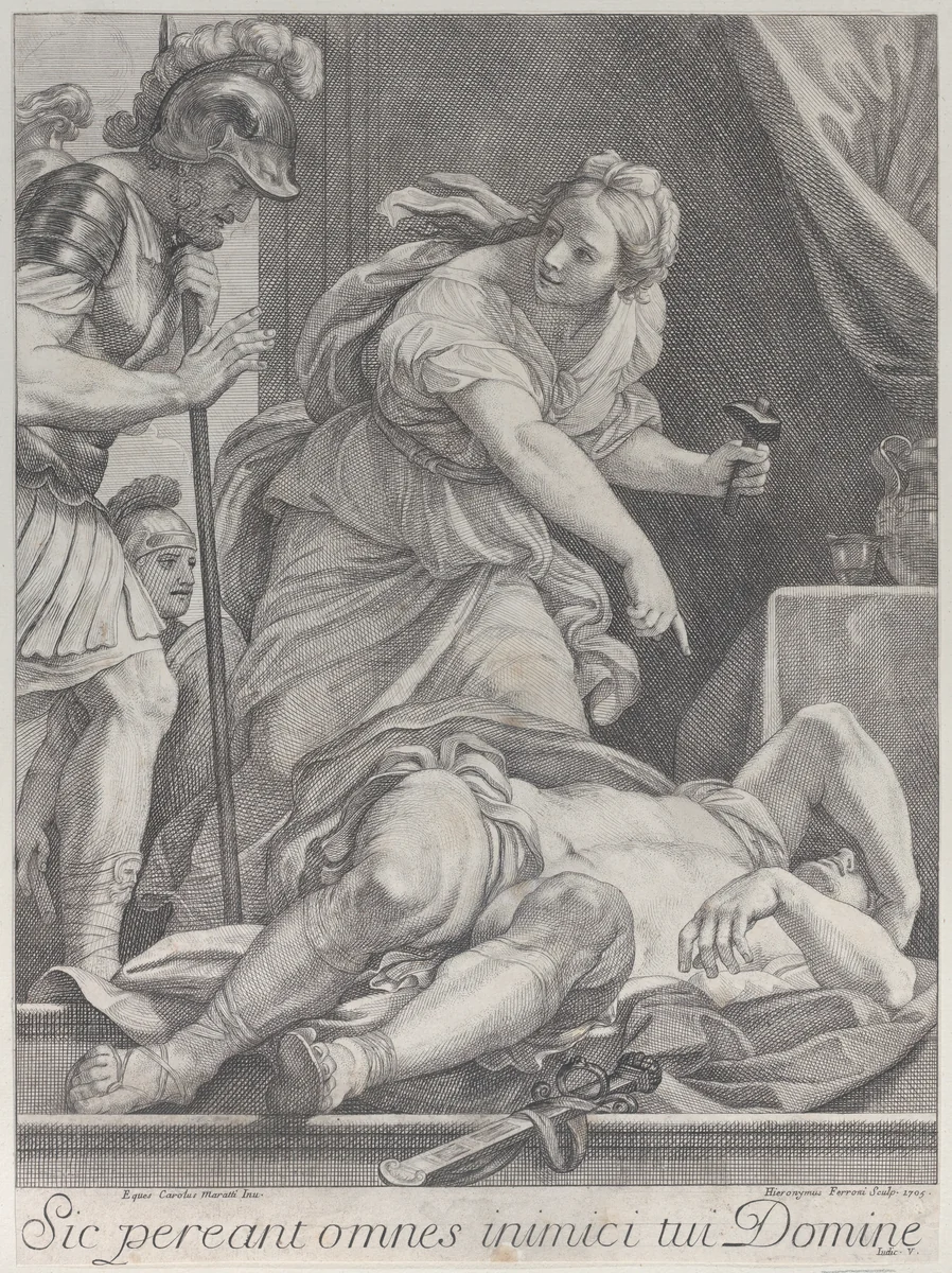 Jael slaying Sisera by Hieronymus Ferroni, print, 1705