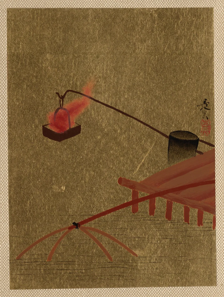 Fire Basket Suspended from Dock over a Fish Net in the Water by Shibata Zeshin (柴田是真), painting, 1807-1868