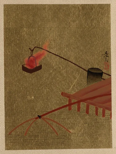 Fire Basket Suspended from Dock over a Fish Net in the Water by Shibata Zeshin (柴田是真), painting, 1807-1868