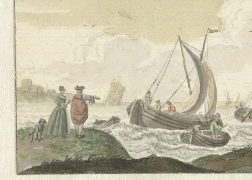 Schepen op een winderige rivier by Nicolaes Aartman, drawing, 1723-1760