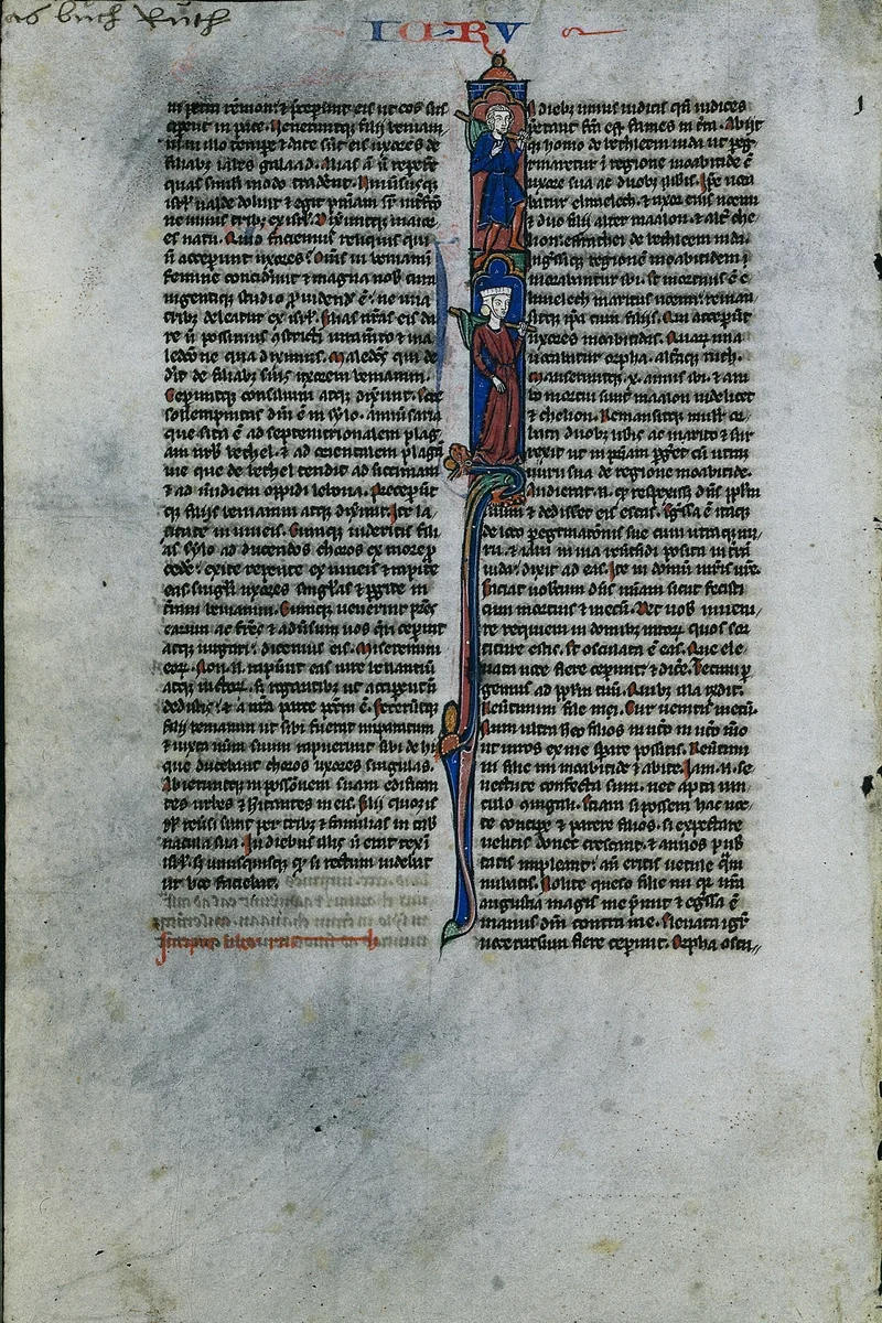 Initial I with Elimelech and Naomi: Leaf from a Latin Bible by Johannes Grusch, manuscript, 1245-1255