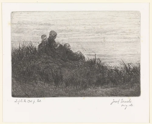 Duinlandschap met moeder en kinderen by Jozef Israëls, print, 1835-1911
