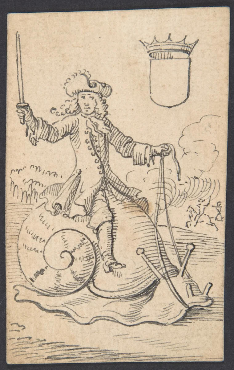 Shield King: A Man Astride a Snail by Johannes Brandenberg, drawing, 1712-1730