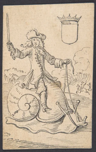 Shield King: A Man Astride a Snail by Johannes Brandenberg, drawing, 1712-1730