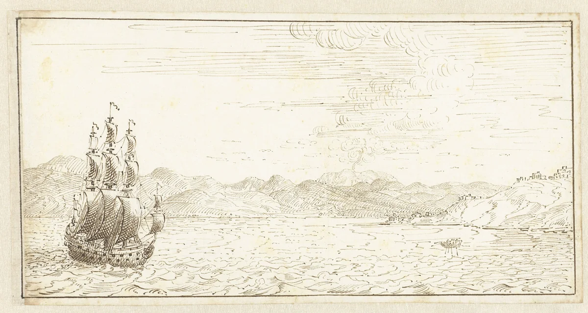 Schip gelegen voor de kust van Sicilië by Johan Teyler, drawing, 1679-1683