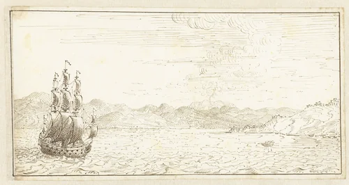 Schip gelegen voor de kust van Sicilië by Johan Teyler, drawing, 1679-1683