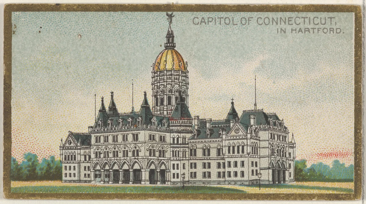 Capitol of Connecticut in Hartford, from the General Government and State Capitol Buildings series (N14) for Allen & Ginter Cigarettes Brands by Allen & Ginter, print, 1889