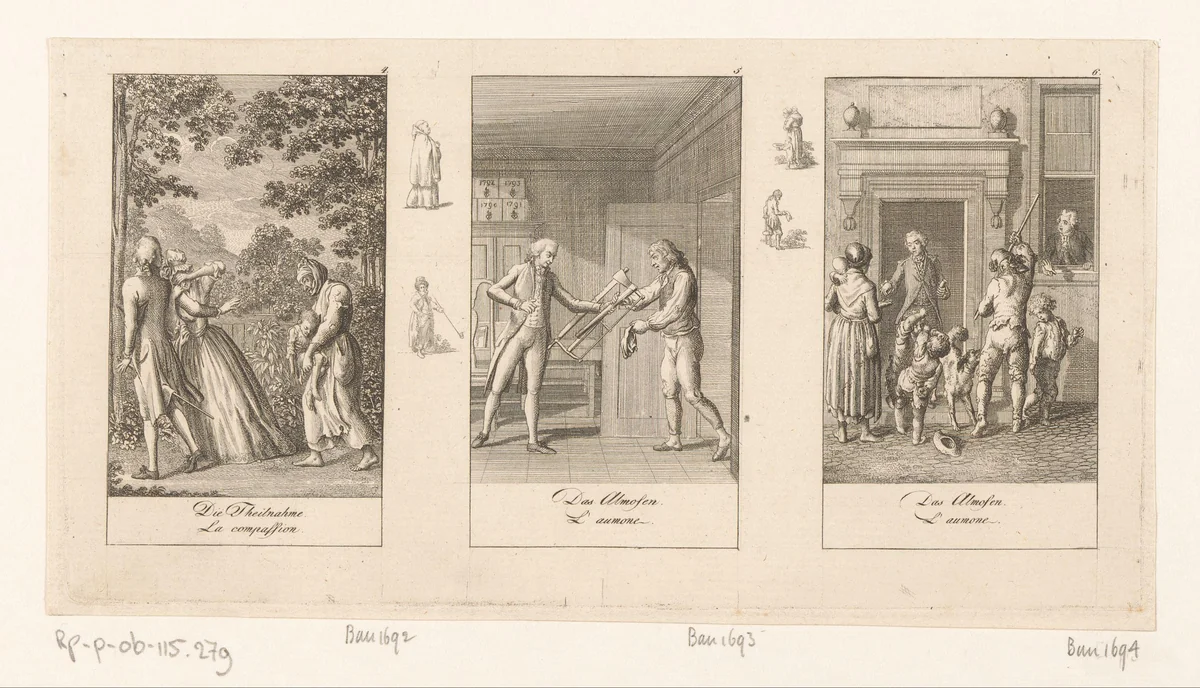 Drie voorstellingen over oprechtheid en hypocrisie by Daniel Nikolaus Chodowiecki, print, 1793