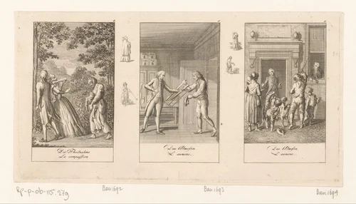 Drie voorstellingen over oprechtheid en hypocrisie by Daniel Nikolaus Chodowiecki, print, 1793