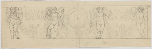 Design for a Frieze with Putti Supporting a Garland, with the inital "N" inside a Wreath (related to the Arc du Carrousel) by anonymous, drawing, 1806-1808