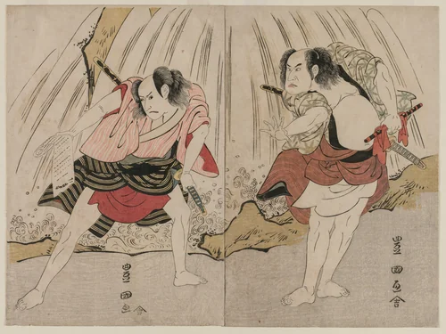 Kataoka Nizaemon VII and Ichikawa Yaozo III in a Confrontation Beside a Waterfall by Utagawa Toyokuni, print, 1792-1802