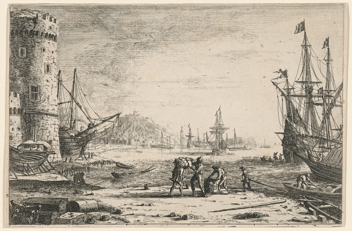 Harbor with a Large Tower (Le Port de mer à la grosse tour) by Claude Lorrain, print, 1636-1646