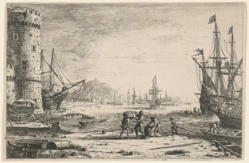 Harbor with a Large Tower (Le Port de mer à la grosse tour) by Claude Lorrain, print, 1636-1646