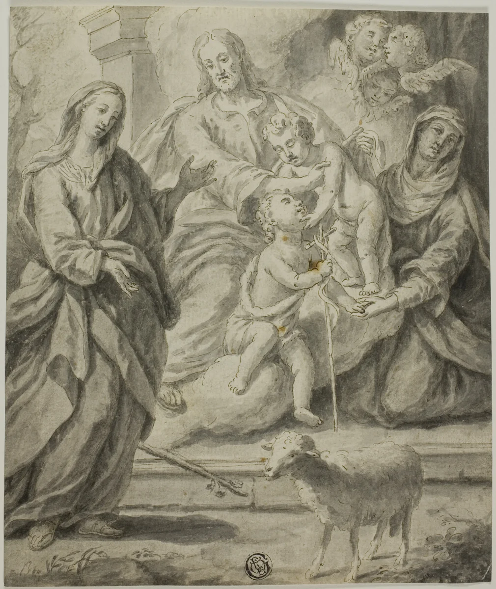 Female Saint Beholding the Holy Family and the Infant Saint John the Baptist by Unknown Artist, drawing, 1700-1799