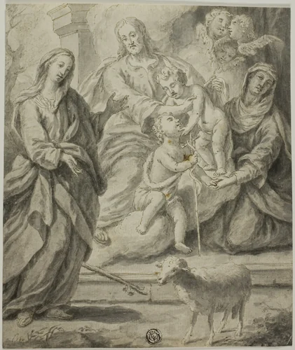 Female Saint Beholding the Holy Family and the Infant Saint John the Baptist by Unknown Artist, drawing, 1700-1799