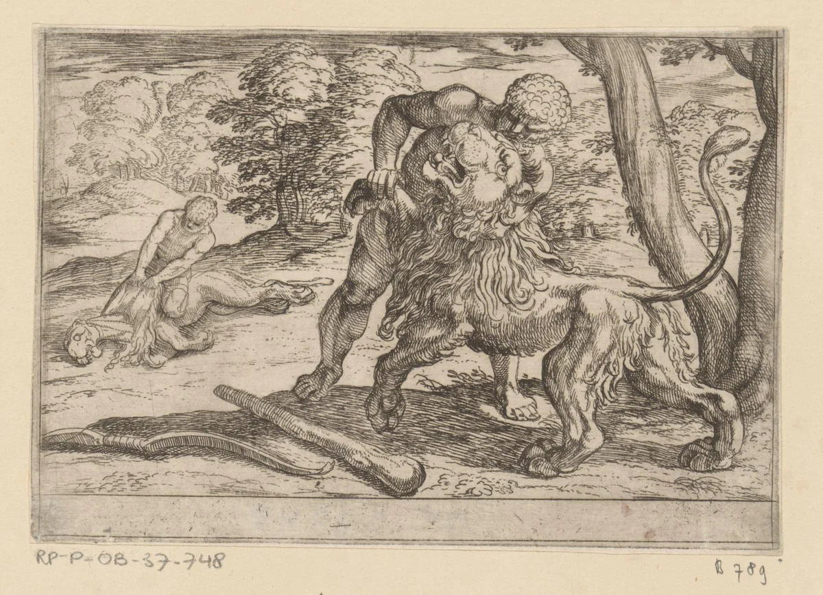 Hercules en de Nemeïsche leeuw by Antonio Tempesta, print, 1608