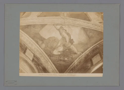 Fotoreproductie van het fresco David en Goliath door Michelangelo in de Sixtijnse kapel by anonymous, photograph, 1851-1900