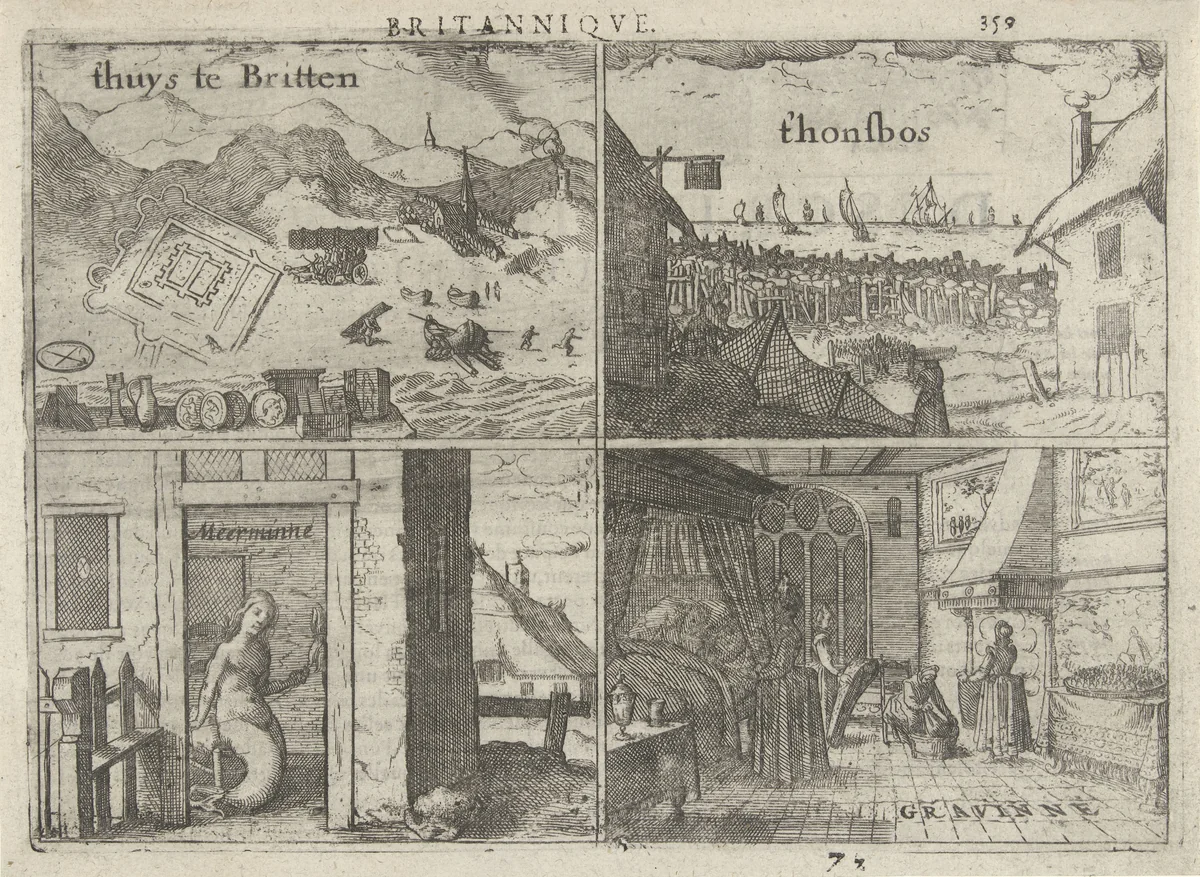 Het huis te Britten, de Hondsbosse zeewering en twee Hollandse legendes by anonymous, print, 1610