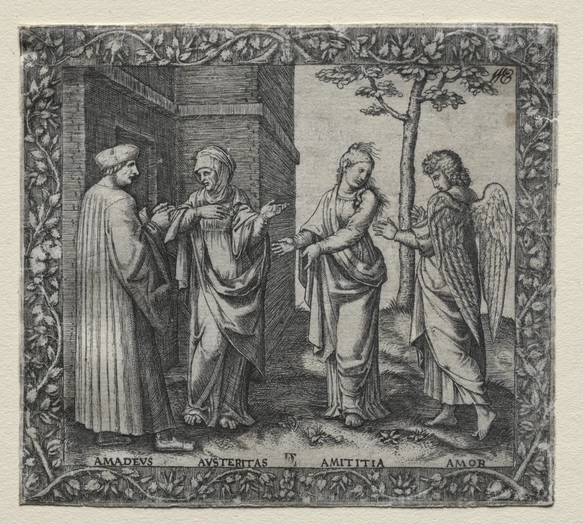Illustration to Amadeo Berruti's Dialogue on Friendship, Rome, 1517 by Marcantonio Raimondi, print, 1512-1522