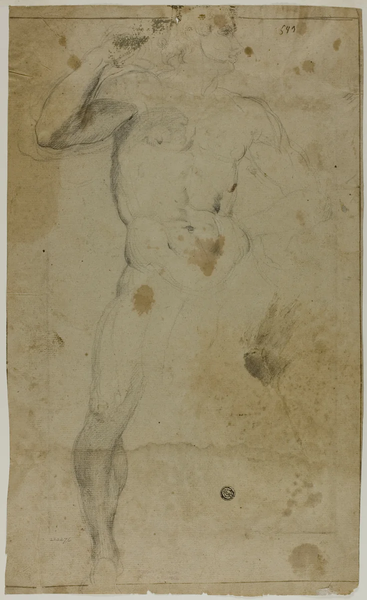 Standing Male Nude (recto); Two Half Length Male Figures, One with Raised Arm, the Other Praying (verso) by Domenico Fiasella, drawing, 1600-1699