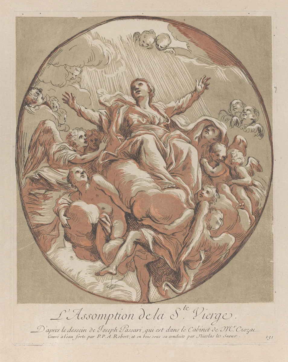 Assumption of the Virgin; from 'Recueil d'estampes d'après les plus beaux tableaux et d'après les plus beaux desseins qui sont en France, Cabinet Crozat' after Giuseppe Passeri by Nicolas Le Sueur, print, 1724-1745