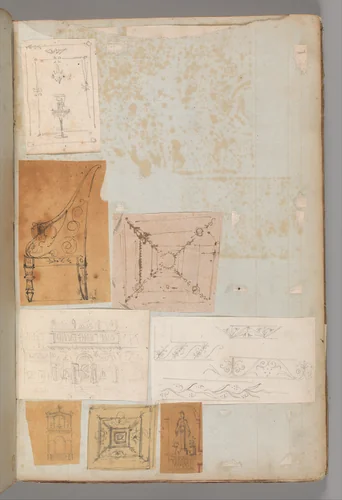 Page from a Scrapbook containing Drawings and Several Prints of Architecture, Interiors, Furniture and Other Objects by Charles Percier, book, 1795-1805