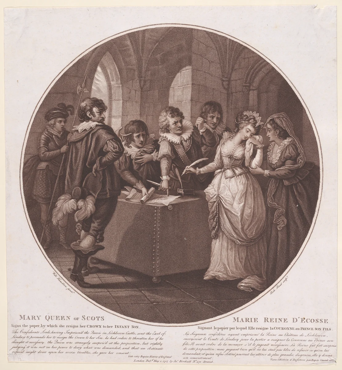Mary, Queen of Scots signs the paper by which she resigns her crown to her infant son (from "History of England") by William Hamilton, print, 1787