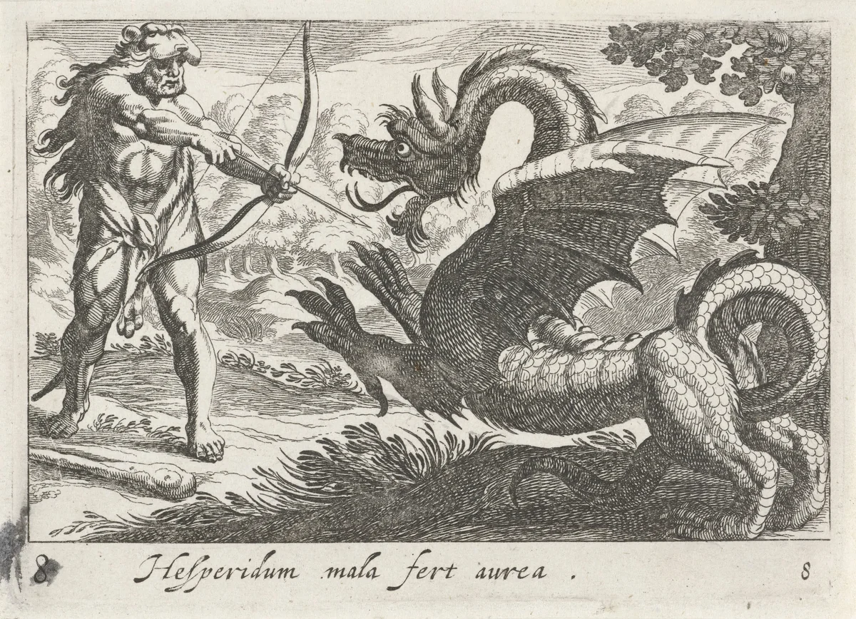 Hercules doodt de draak Ladon by Simon Frisius, print, 1610-1664