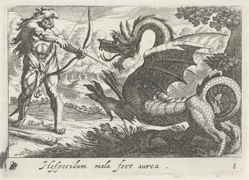 Hercules doodt de draak Ladon by Simon Frisius, print, 1610-1664