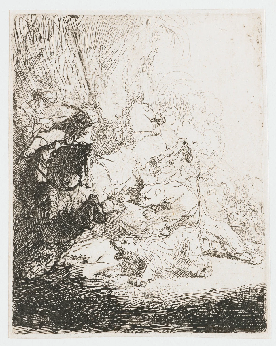 The small lion hunt (with two lions) by Rembrandt van Rijn, print, 1629