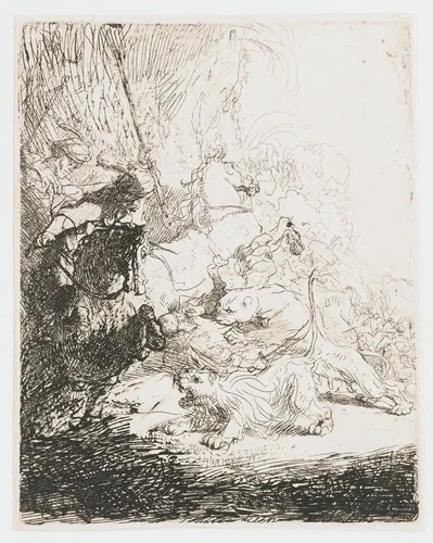 The small lion hunt (with two lions) by Rembrandt van Rijn, print, 1629
