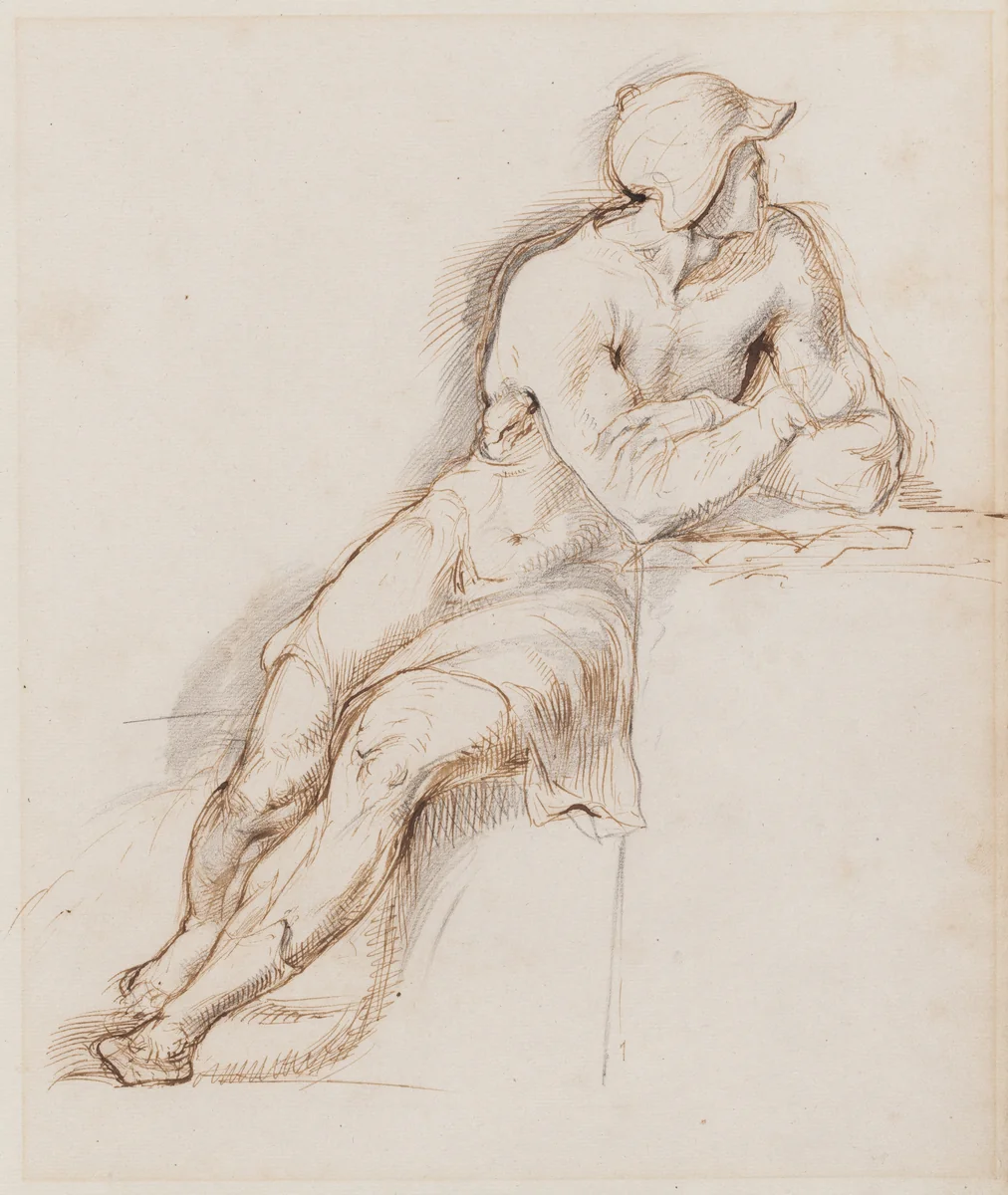Study of a Seated Man Wearing a Helmet by George Richmond, drawing, 1809-1896