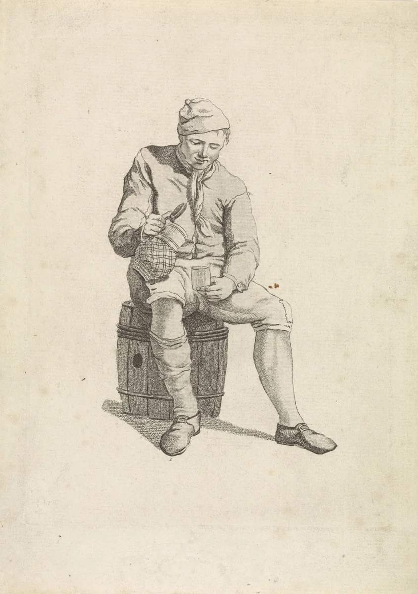 Drinkende man zittend op een ton by Mathias de Sallieth, print, 1772-1791