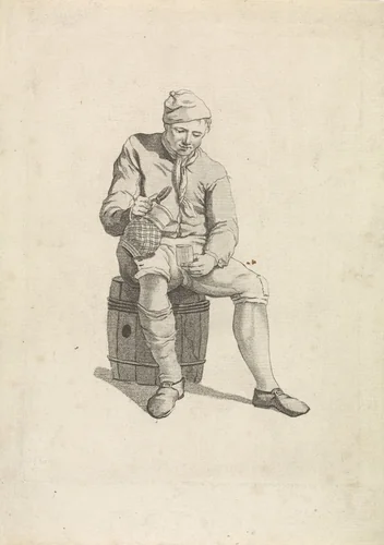 Drinkende man zittend op een ton by Mathias de Sallieth, print, 1772-1791