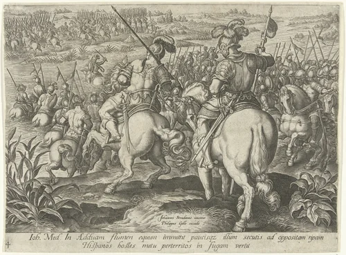 Aftocht van het Spaanse leger by Philips Galle, print, 1583