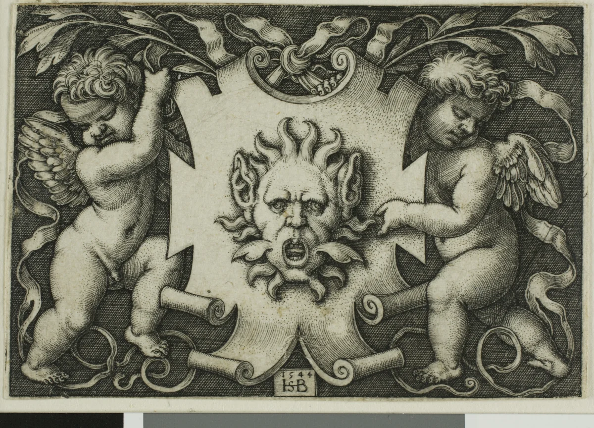 Ornament with a Mask Held by Two Genii by Sebald Beham, print, 1544