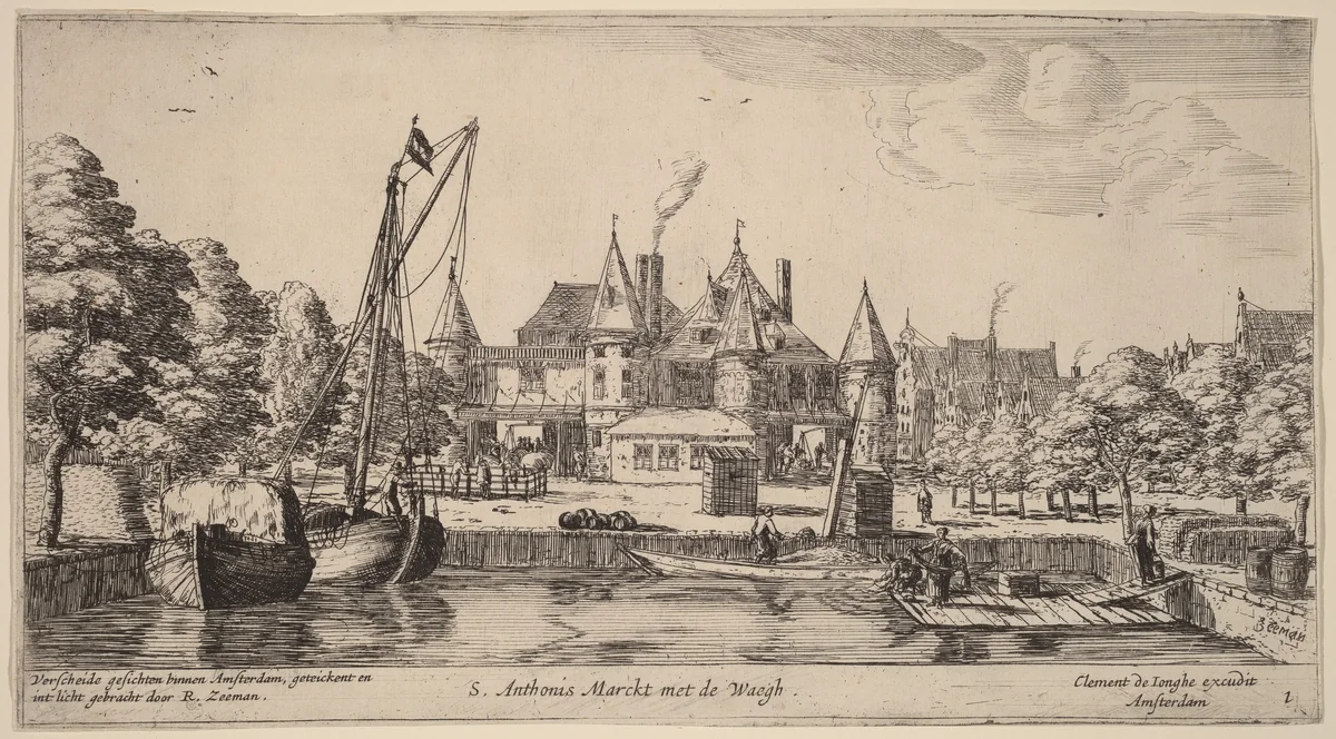 Nieuwmarkt with St. Anthoniswaag (S. Anthoni s Marckt met de Waegh) by Reinier Nooms, print, 1623-1667