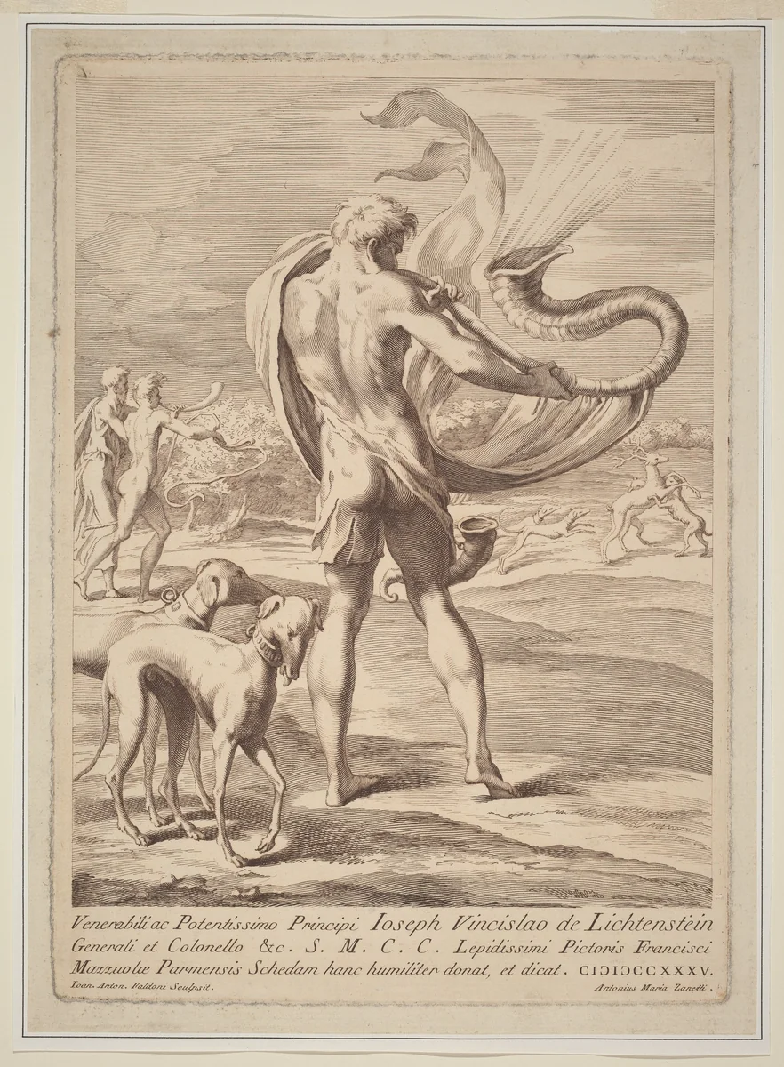 Nude Man Blowing a Conch by Giovanni Antonio Faldoni, print, 1690-1770