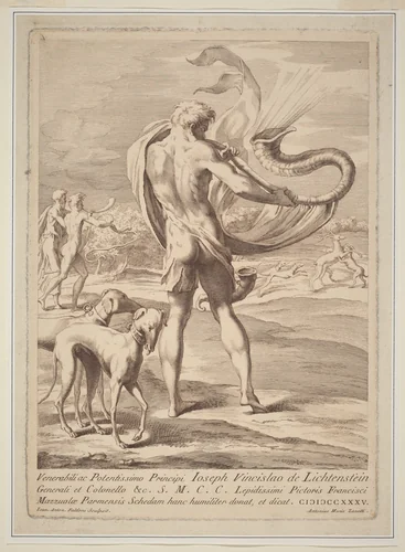 Nude Man Blowing a Conch by Giovanni Antonio Faldoni, print, 1690-1770